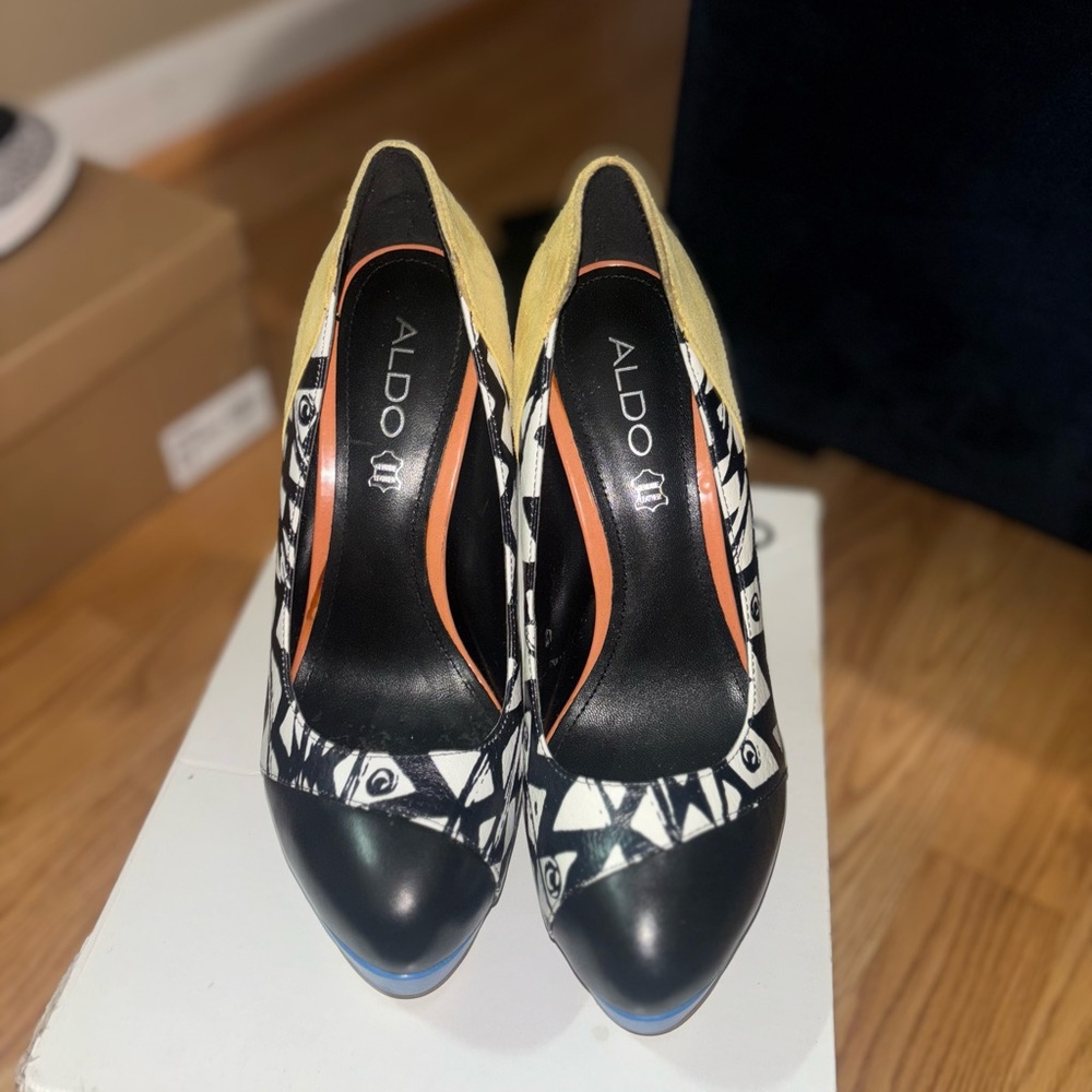 Aldo Black and White Geometric Heels